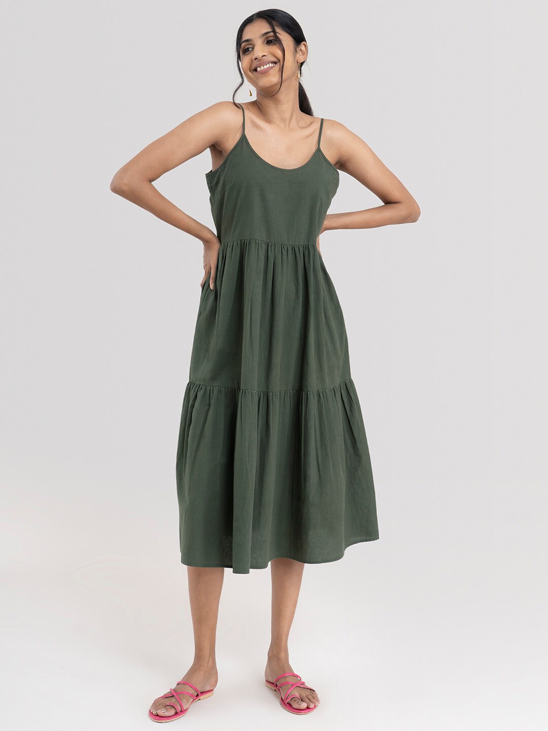 

Pink Fort Olive Green Tiered Cotton A-Line Midi Dress