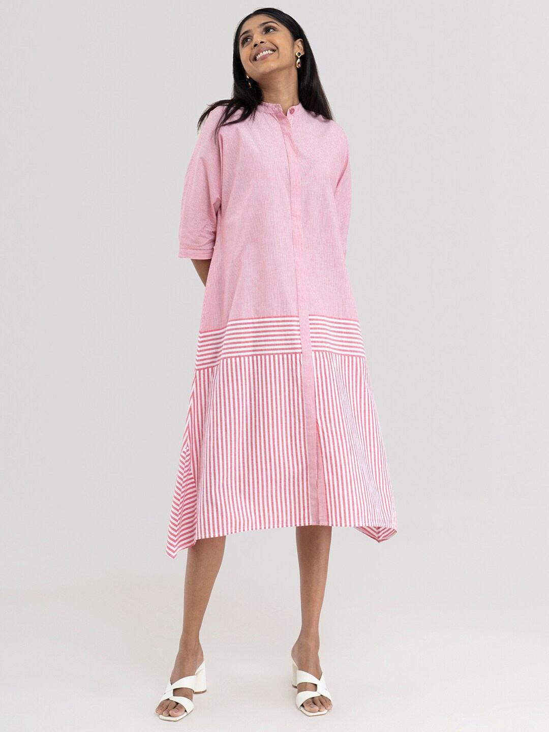 

Pink Fort Pink & White Striped A-Line Midi Dress