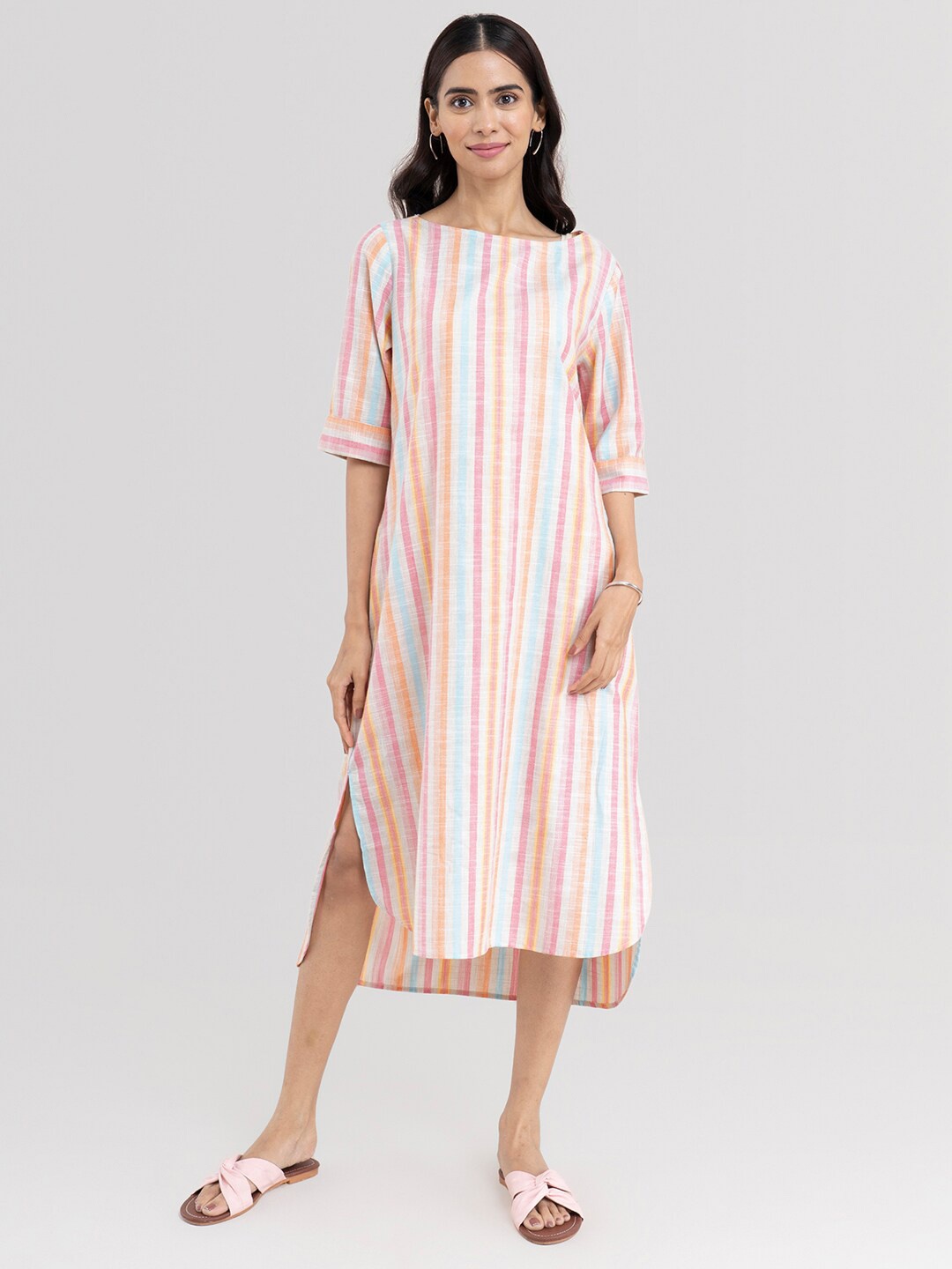 

Pink Fort Pink & Blue Striped A-Line Midi Dress