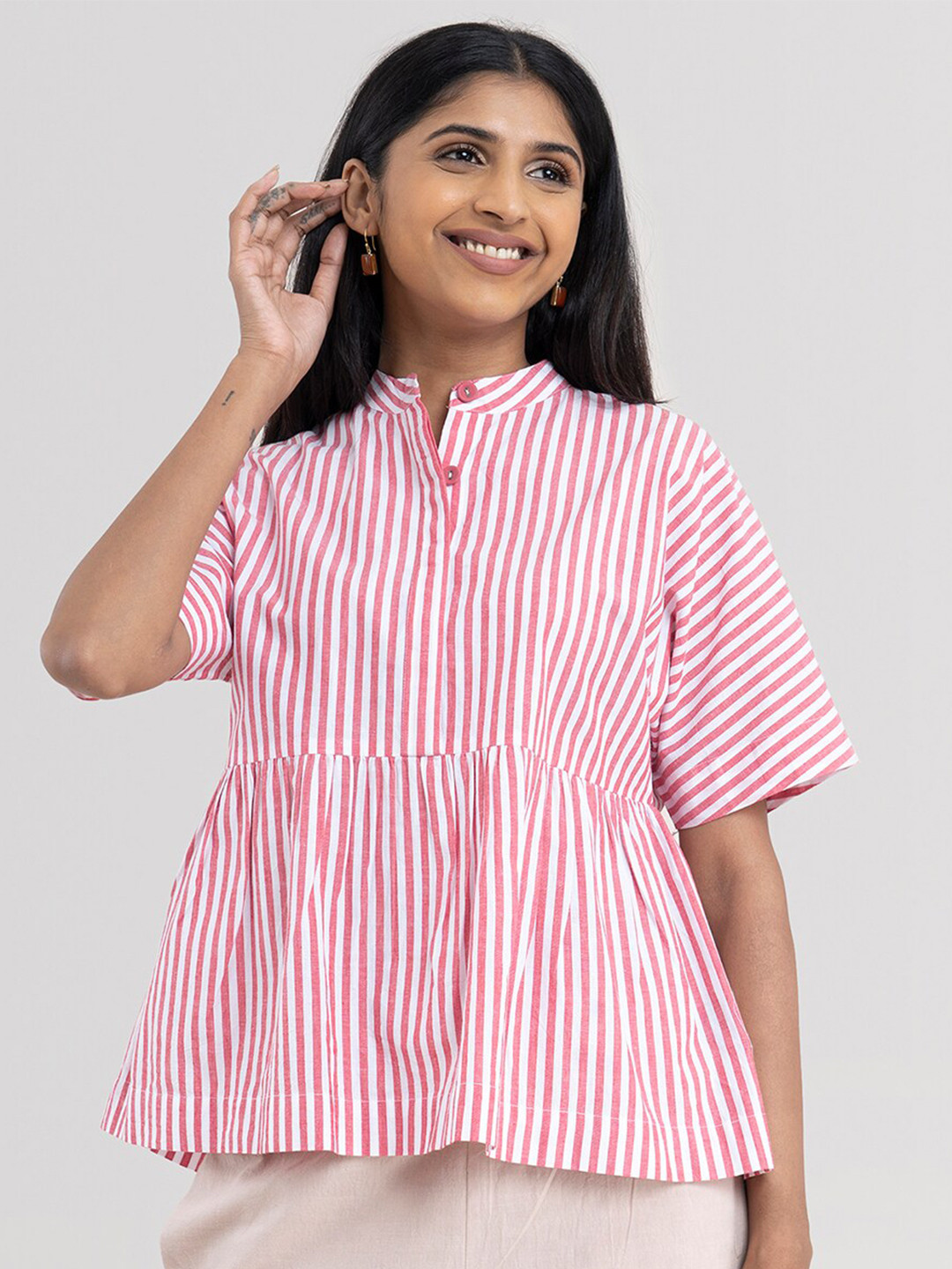 

Pink Fort Women Red & White Striped Mandarin Collar Top