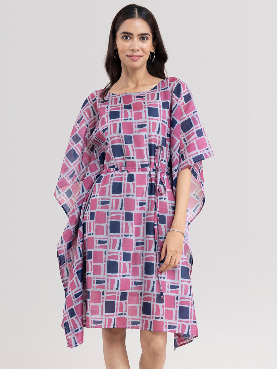 

Pink Fort Grey & Pink Abstract Print Kaftan Dress