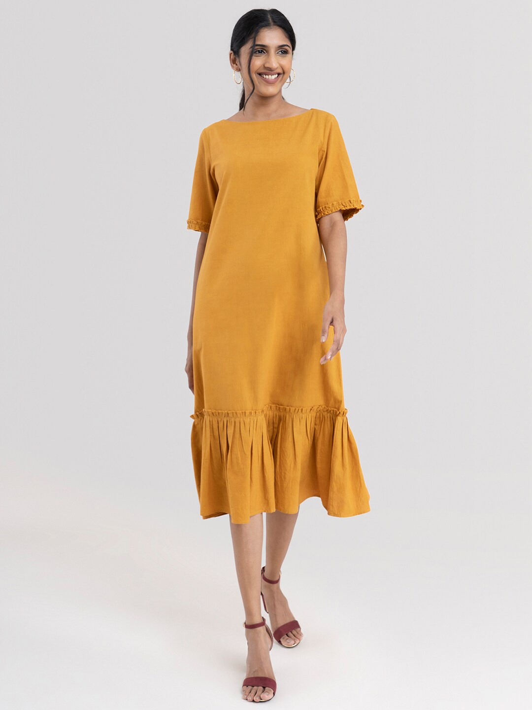 

Pink Fort Mustard Yellow Cotton A-Line Midi Dress