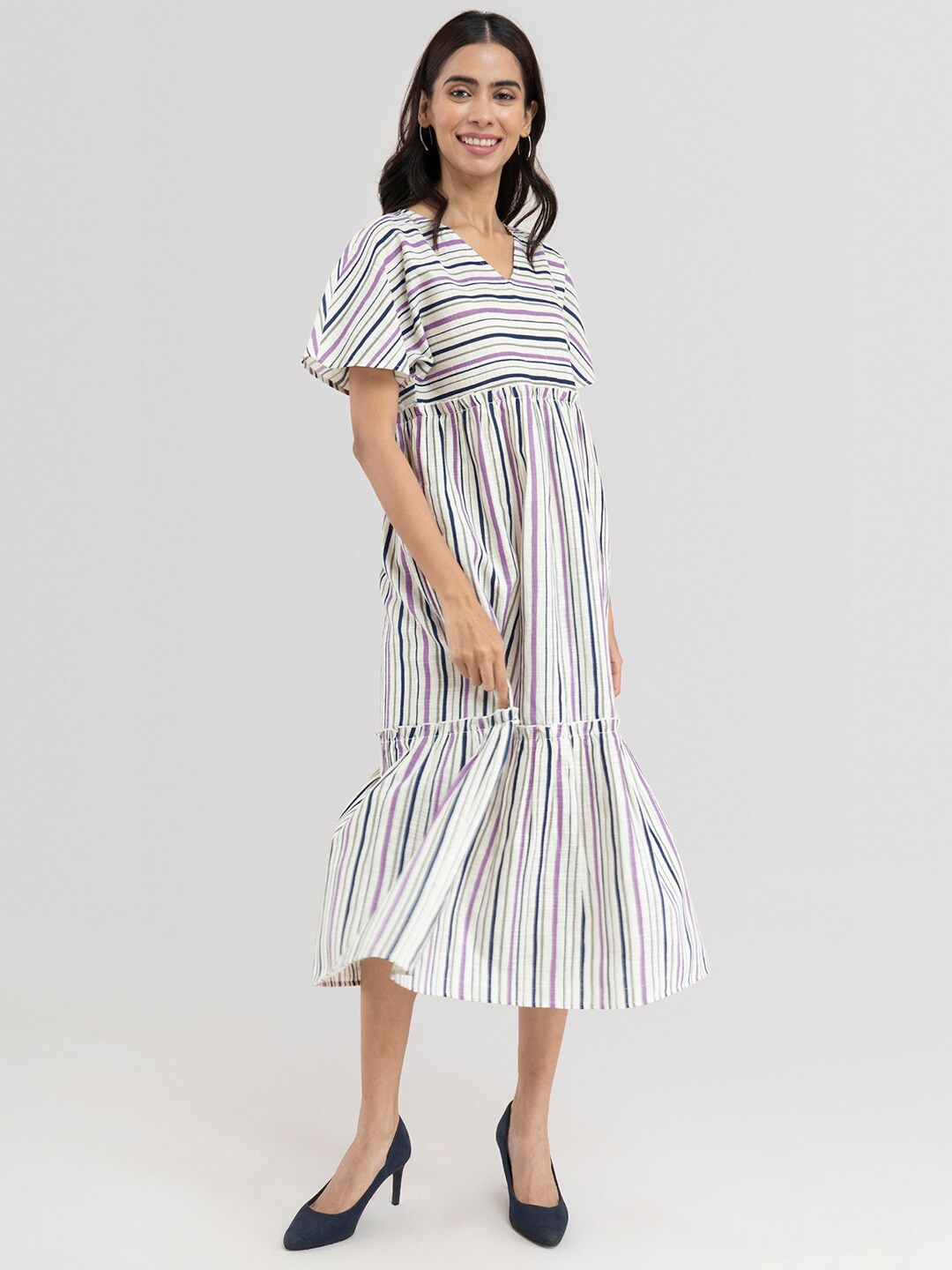 

Pink Fort Cream-Coloured & Purple Striped Tiered Midi Dress