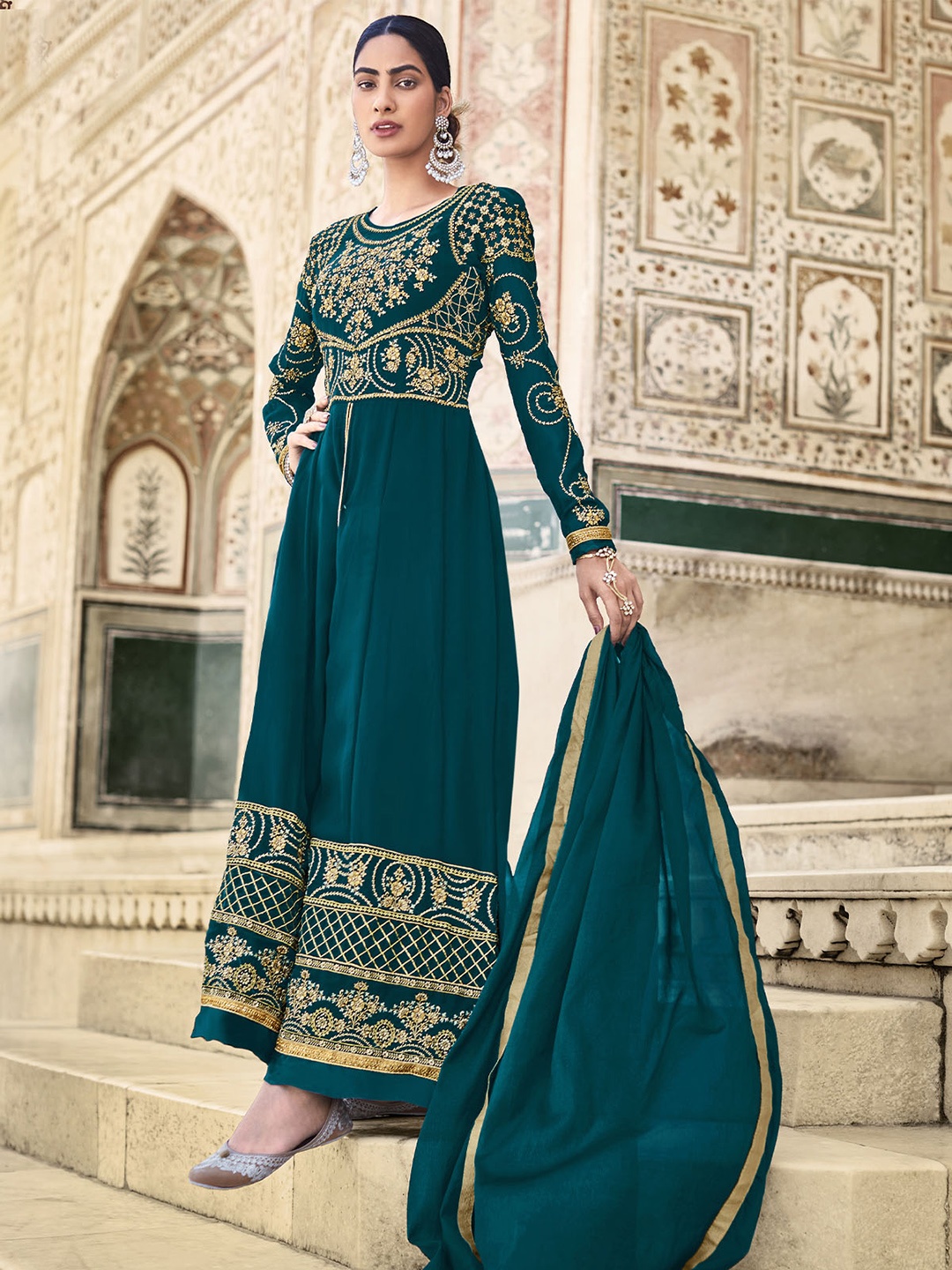 

ODETTE Ethnic Motifs Embroidered Empire Semi Stitched Kurta with Trousers & Dupatta, Teal