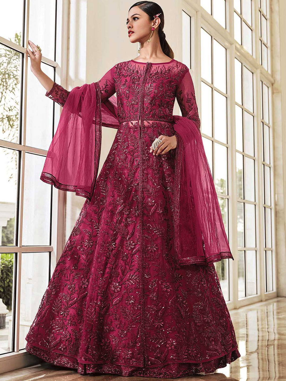 

ODETTE Women Floral Embroidered Empire Semi Stitched Kurta with Trouser With Dupatta, Burgundy