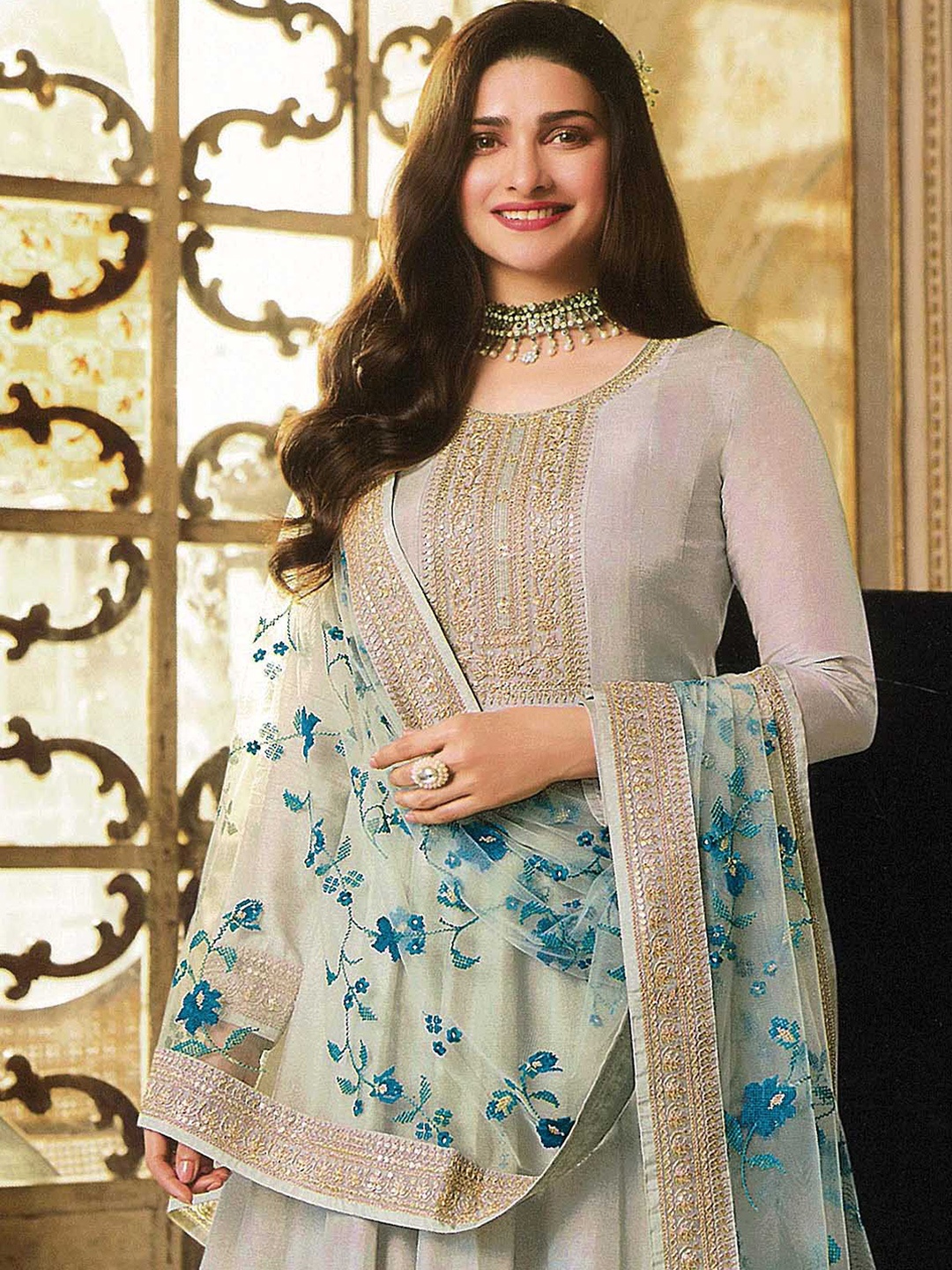 

ODETTE Ethnic Motifs Embroidered Semi Stitched Kurti with Skirt With Dupatta, Green