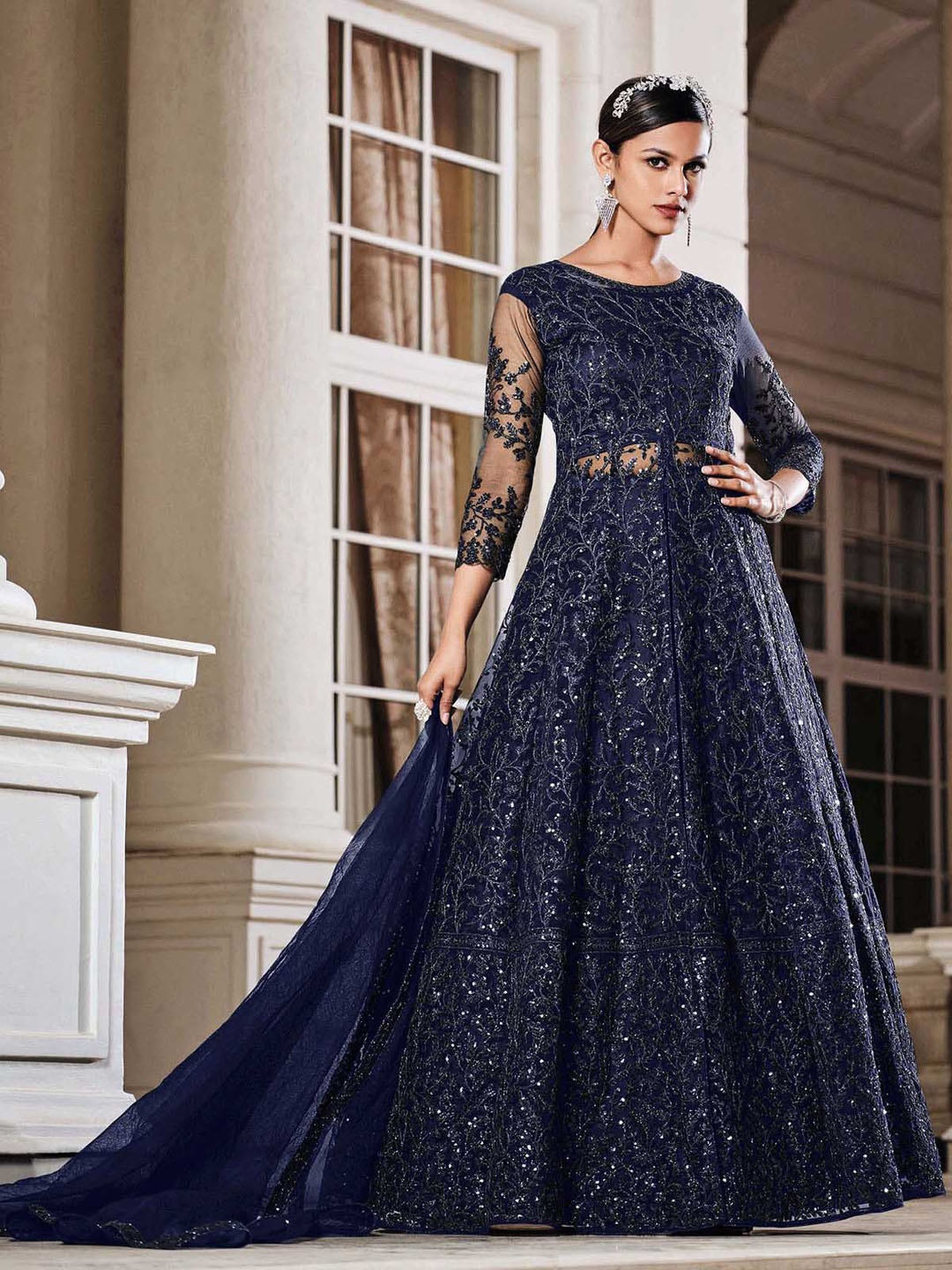 

ODETTE Ethnic Motifs Empire Beads and Stones Semi Stitched Kurta with Trousers & Dupatta, Blue