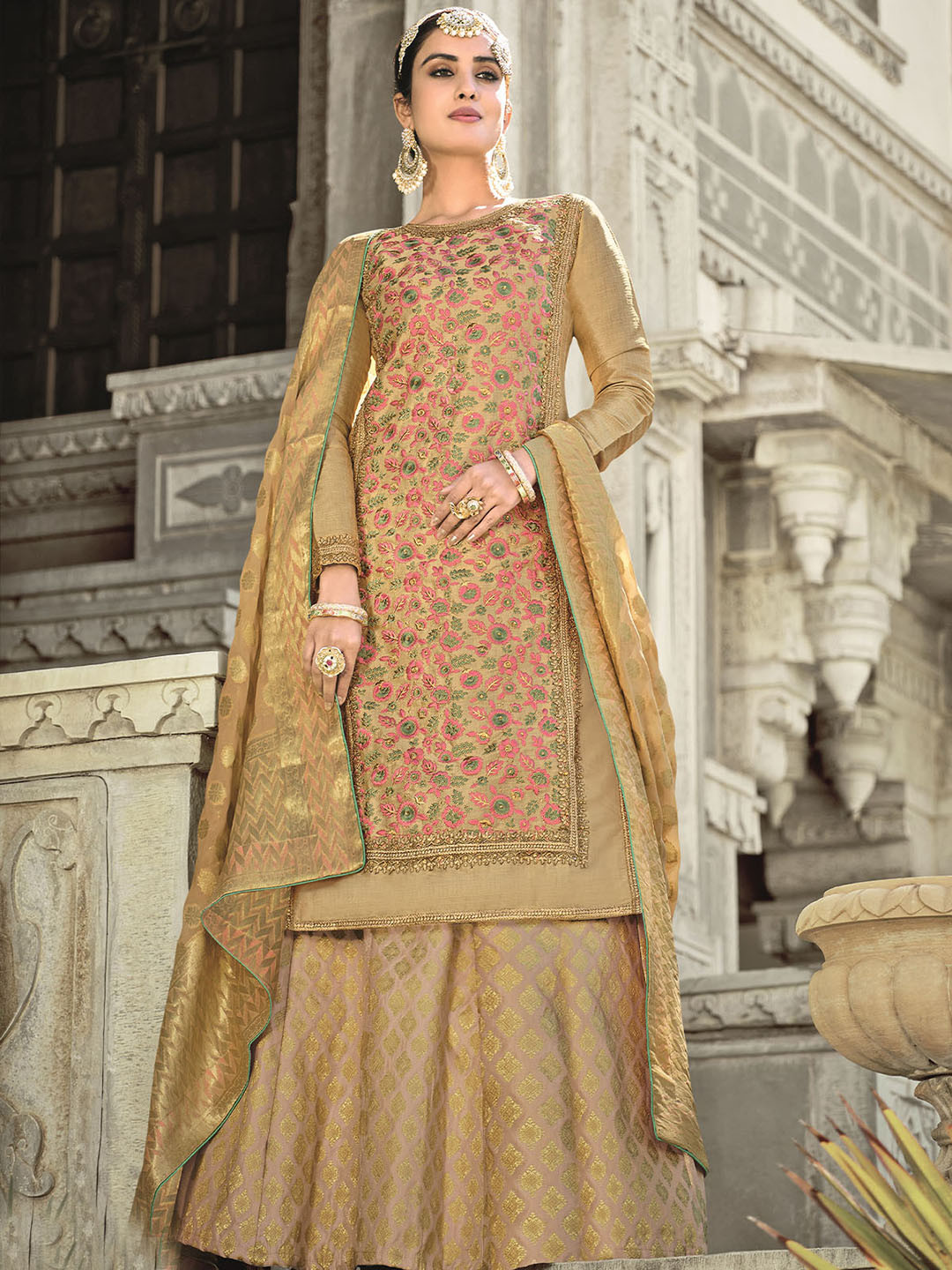 

ODETTE Women Ethnic Motifs Embroidered Kurta with Skirt & With Dupatta, Beige
