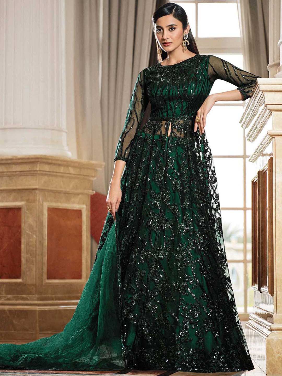 

ODETTE Women Green Ethnic Motifs Printed Semi Stitched Kurti with Skirt With Dupatta