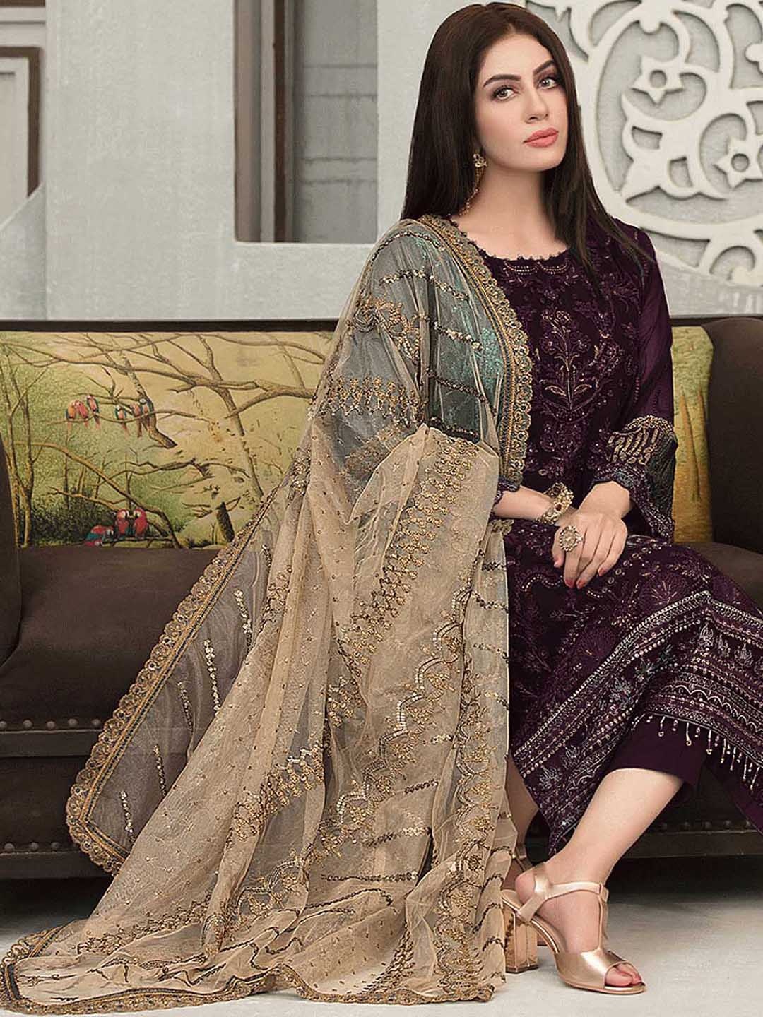 

ODETTE Women Floral Embroidered Beads and Stones Kurta with Trousers & With Dupatta, Purple