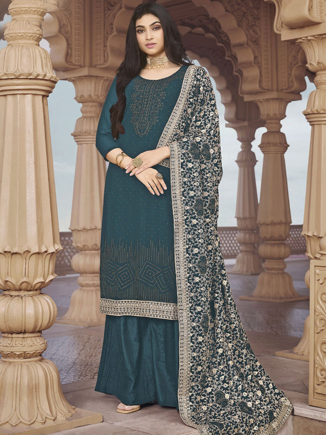 

ODETTE Women Teal Embroidered Kurta with Palazzos & With Dupatta