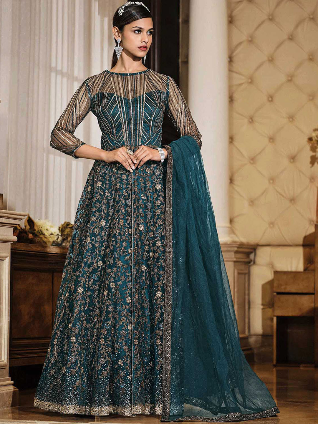 

ODETTE Embroidered Semi Stitched Kurta with Skirt With Dupatta, Teal