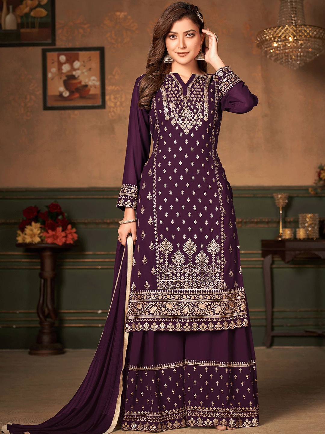 

ODETTE Women Purple Embroidered Semi Stitched Kurta with Palazzos With Dupatta