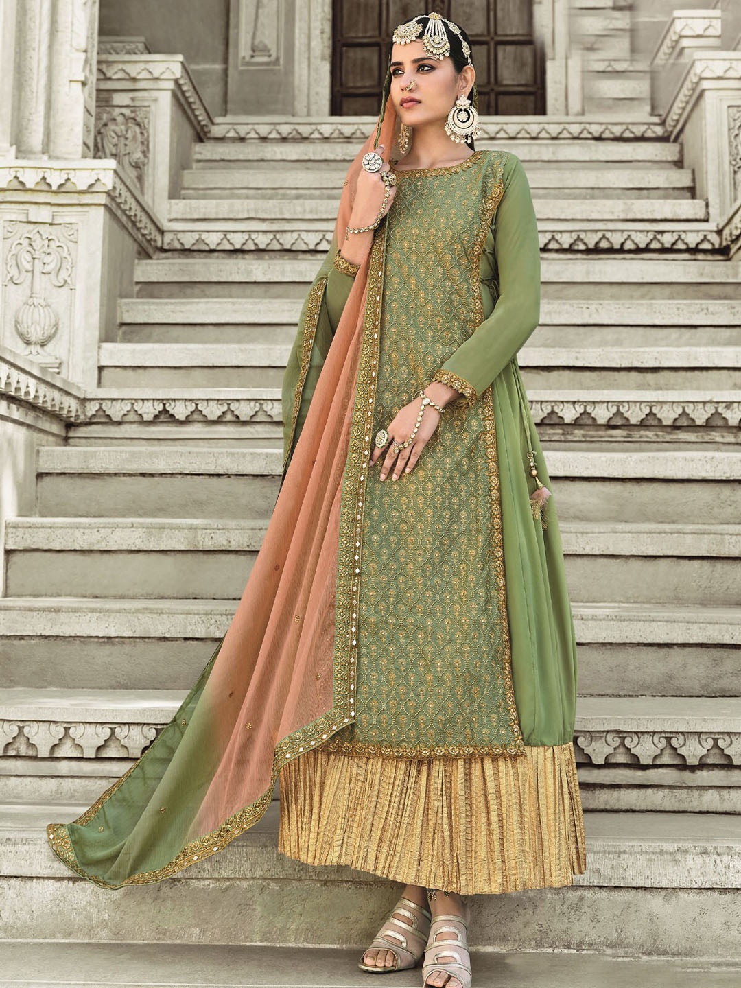 

ODETTE Women Green Printed Layered Kurta with Skirt & With Dupatta