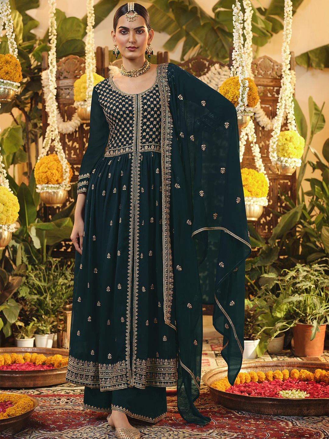 

ODETTE Ethnic Motifs Printed Semi Stitched Kurta with Palazzos With Dupatta, Green
