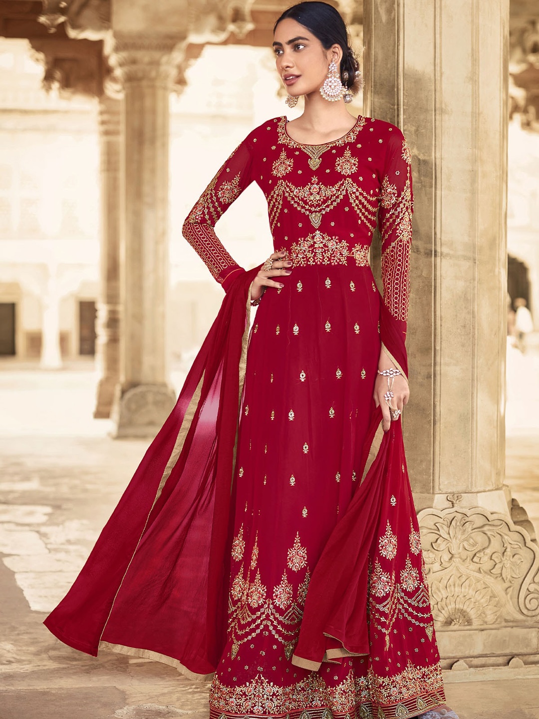 

ODETTE Women Maroon Ethnic Motifs Unstitched Embroidered Dress Material With Dupatta