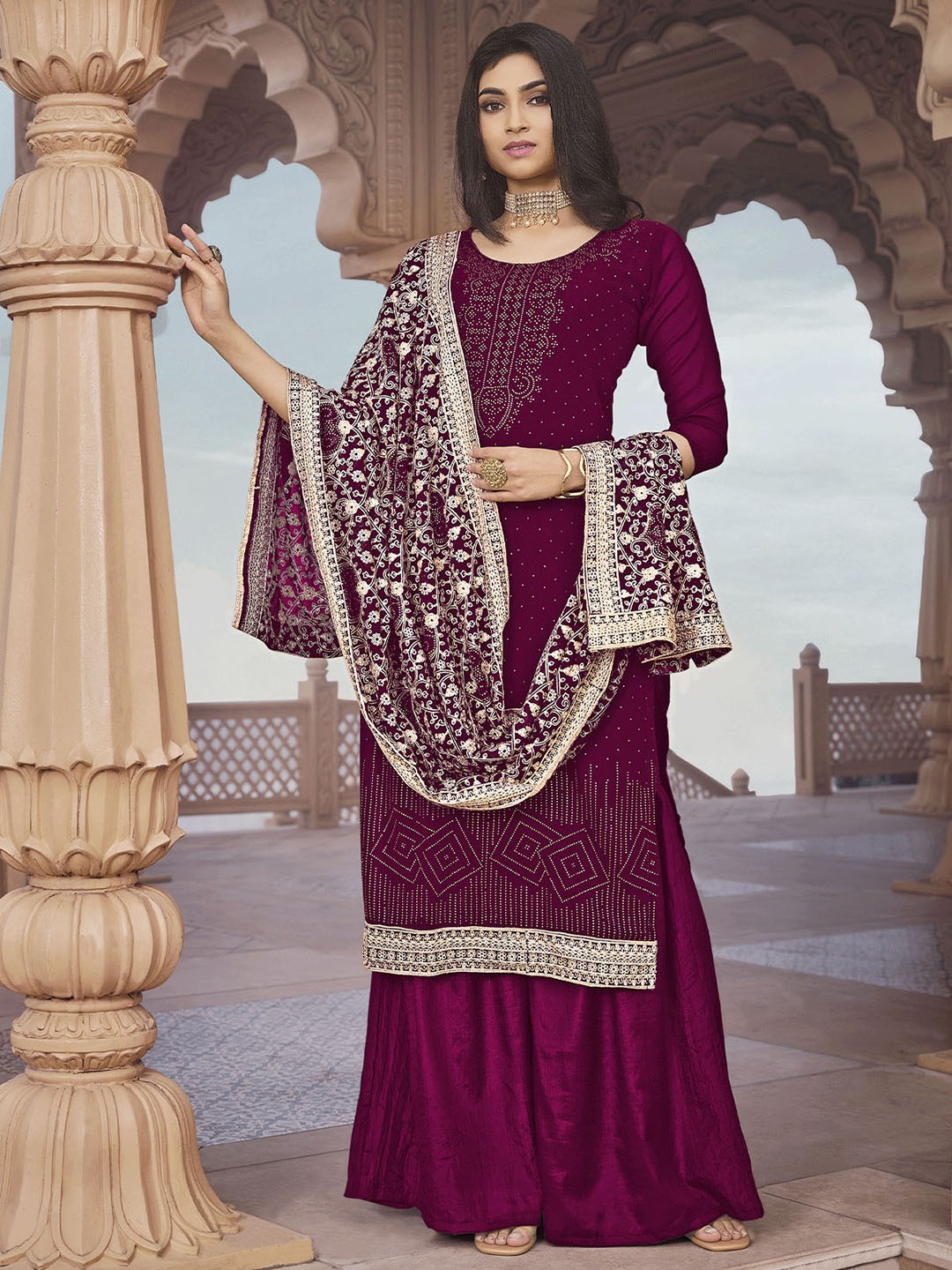 

ODETTE Women Magenta Ethnic Motifs Printed Semi Stitched Kurta with Sharara