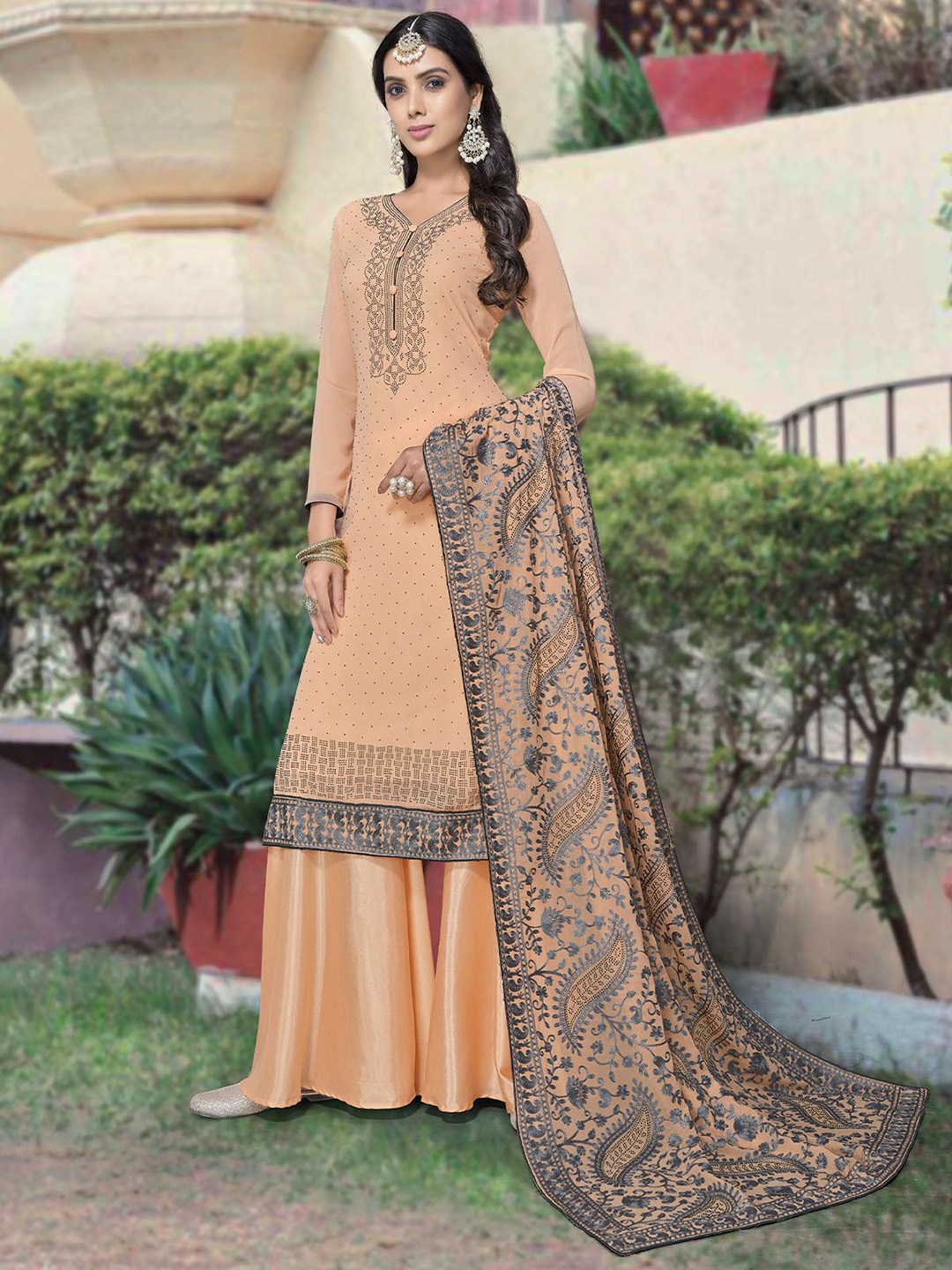 

ODETTE Peach-Coloured Printed Unstitched Dress Material