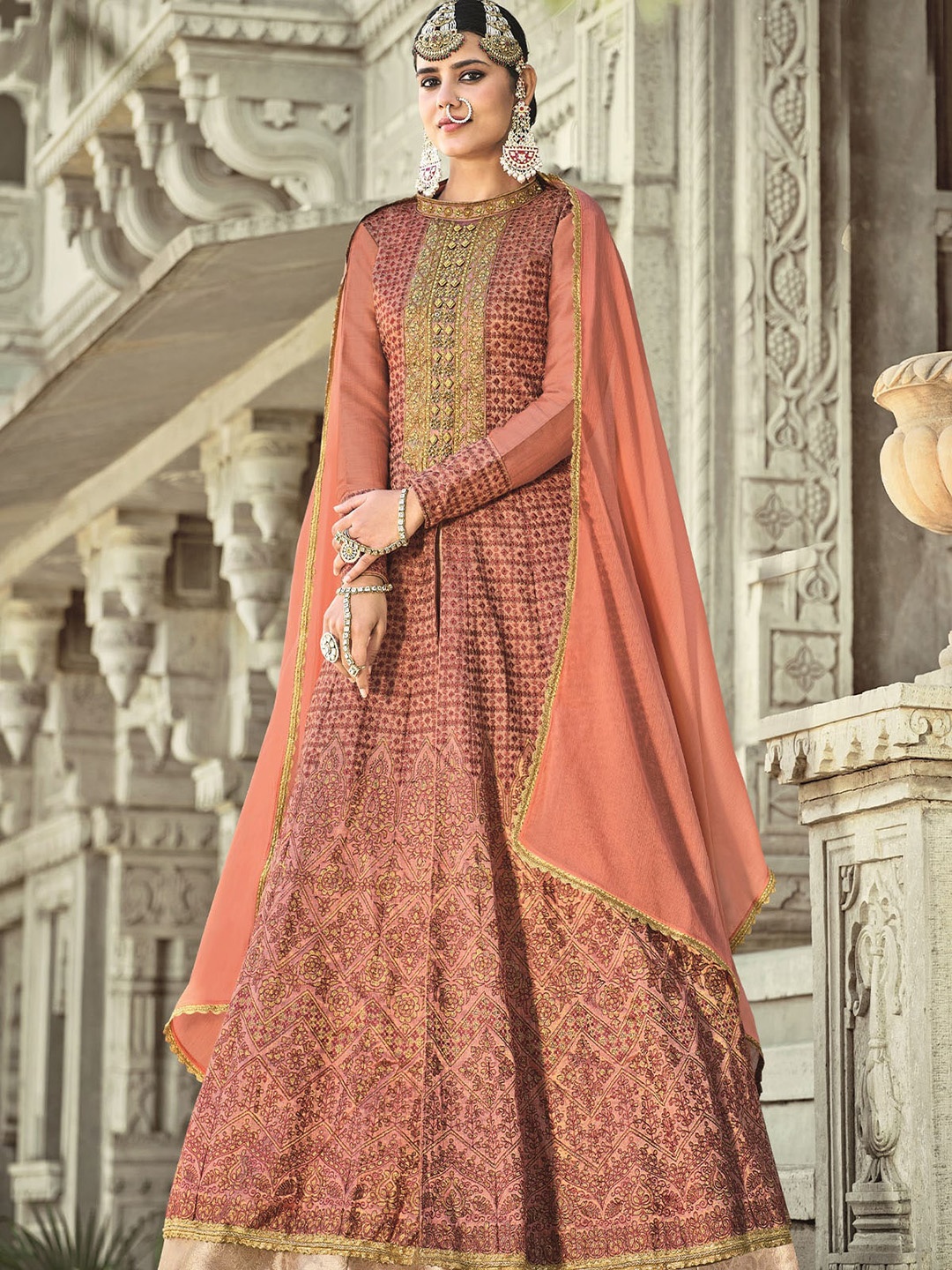 

ODETTE Rust Embellished Semi-Stitched Dress Material