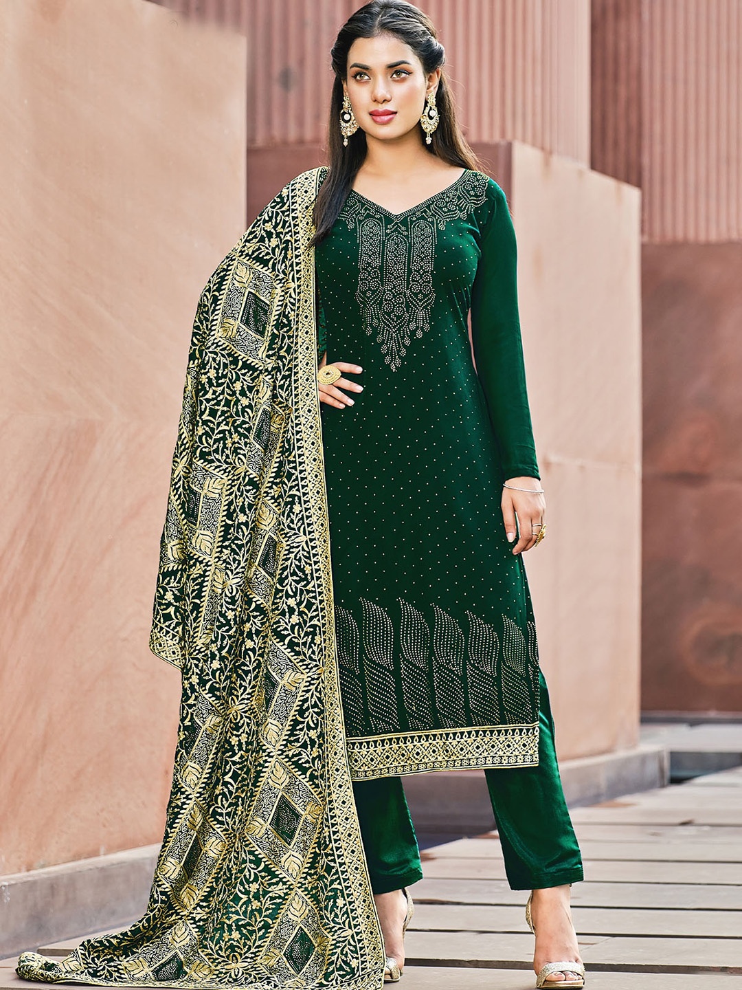

ODETTE Green Embellished Unstitched Dress Material