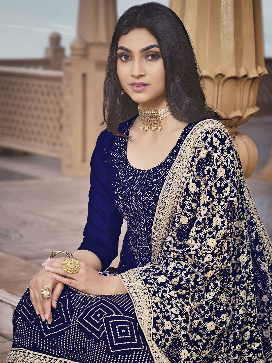 

ODETTE Blue Embellished Unstitched Dress Material