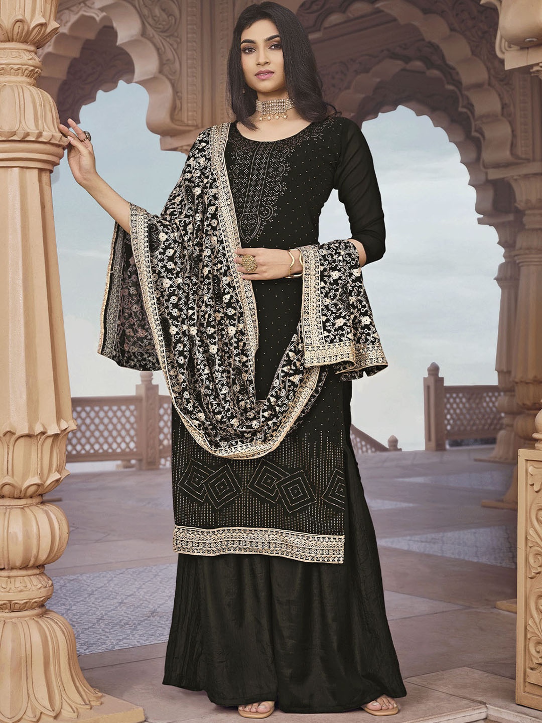 

ODETTE Black Embellished Unstitched Dress Material