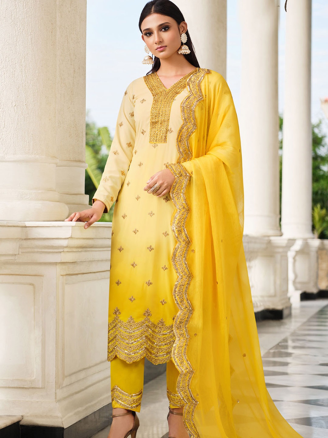 

ODETTE Yellow Embellished Semi-Stitched Dress Material