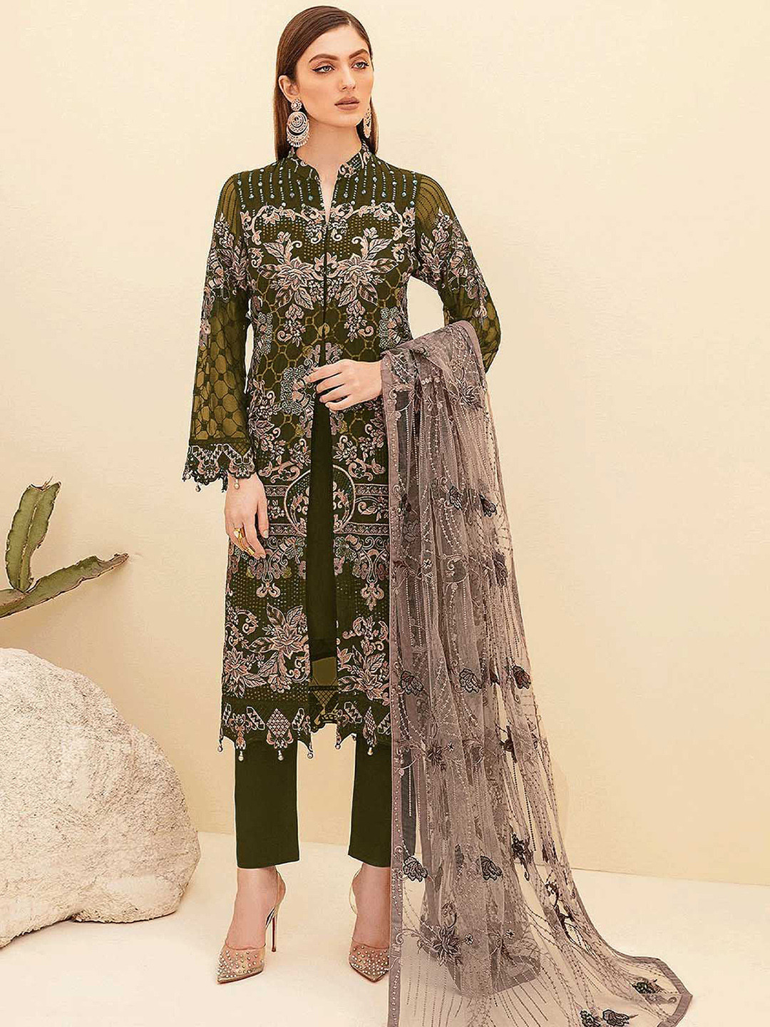 

ODETTE Women Olive Green Floral Embroidered High Slit Kurti with Trousers