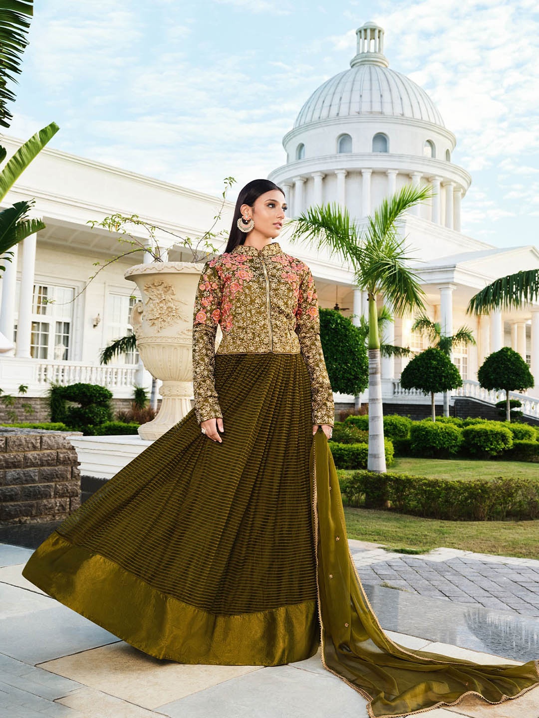 

ODETTE Olive Green Embellished Semi-Stitched Dress Material