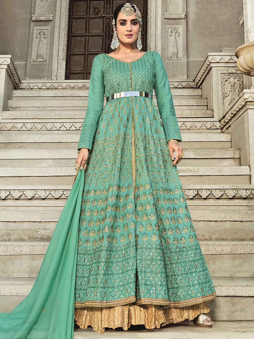 

ODETTE Green Embellished Semi-Stitched Dress Material