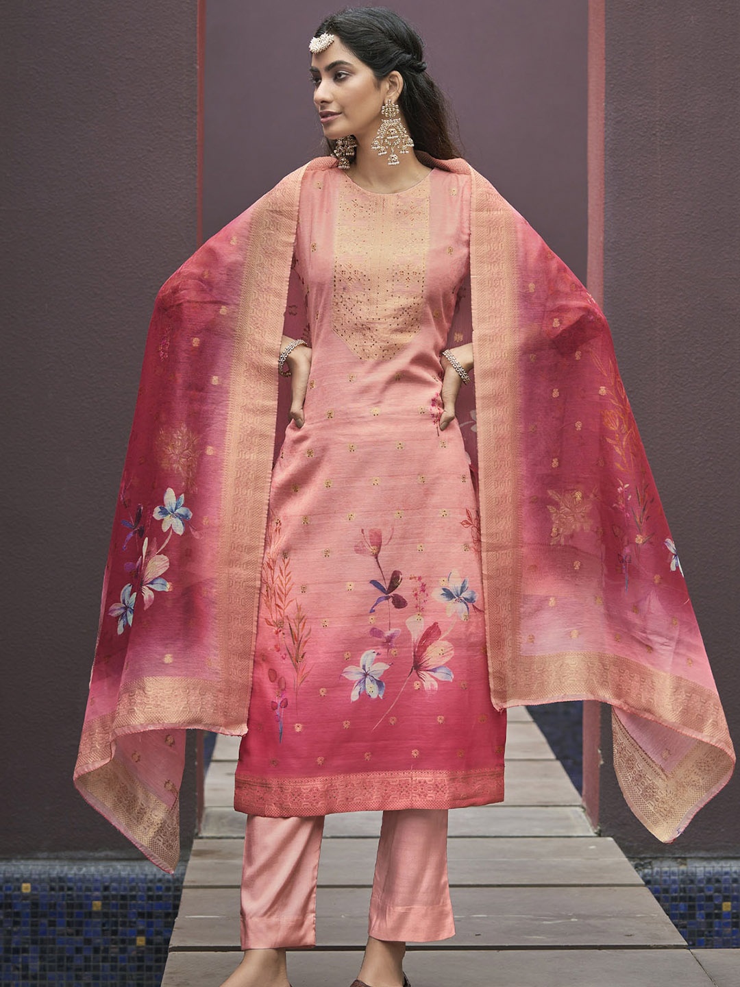 

ODETTE Pink Printed Unstitched Dress Material
