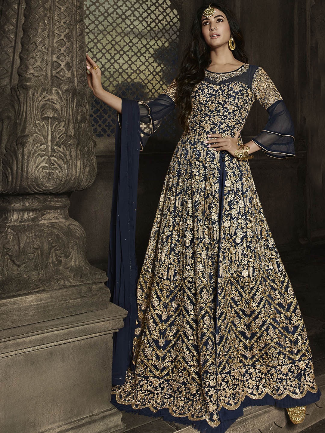 

ODETTE Navy Blue Embellished Unstitched Dress Material