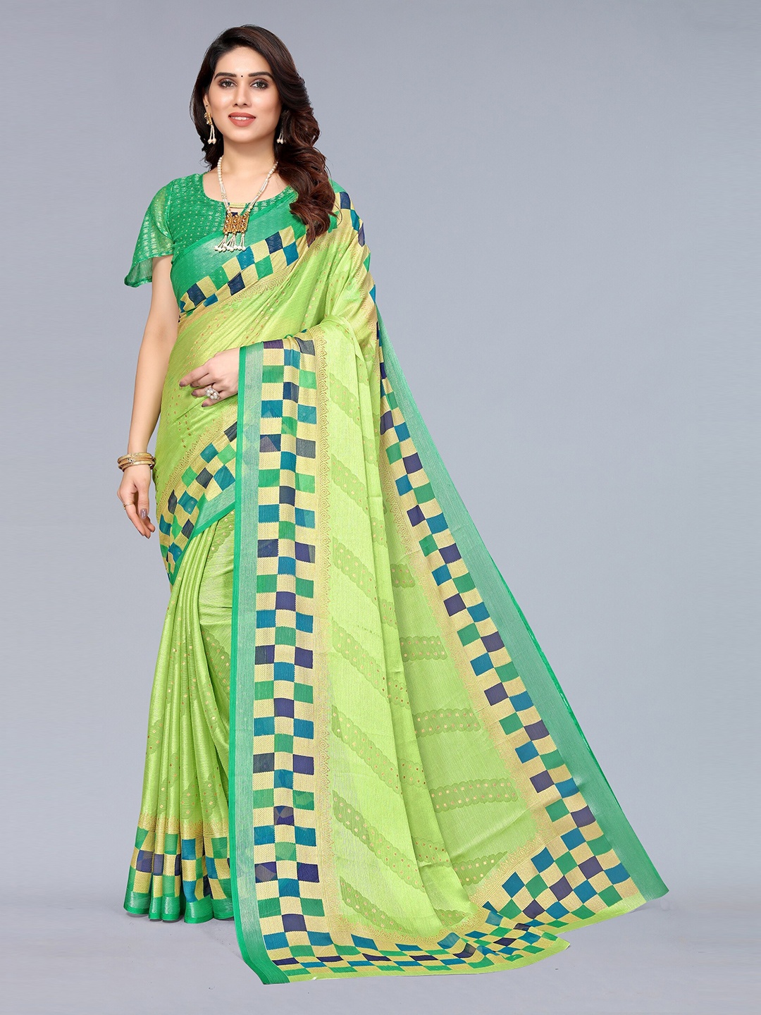 

Winza Designer Green Ethnic Motifs Zari Pure Chiffon Leheriya Saree