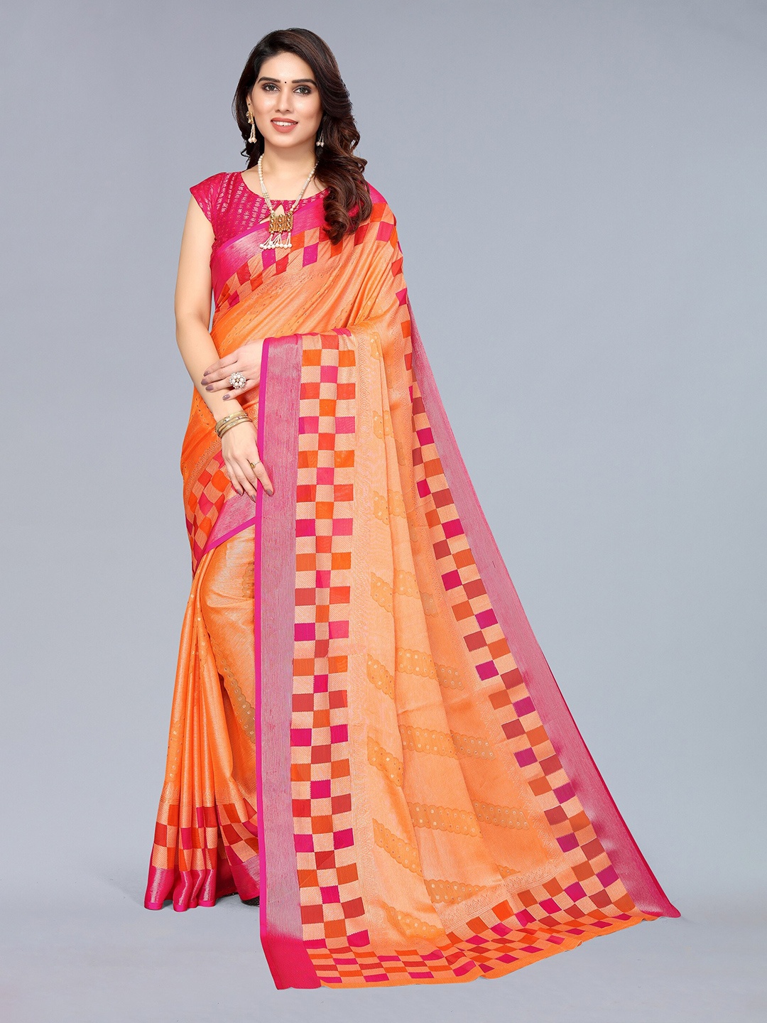 

Winza Designer Orange & Pink Zari Pure Chiffon Leheriya Saree