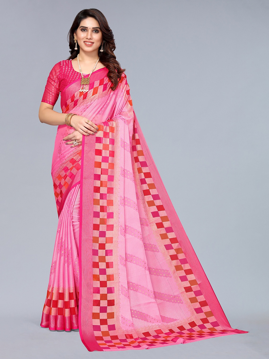 

Winza Designer Pink Checked Zari Pure Chiffon Leheriya Saree