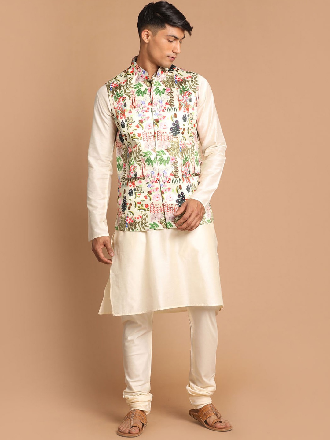 

VASTRAMAY Men Kurta Churidar With Nehru Jacket, Cream