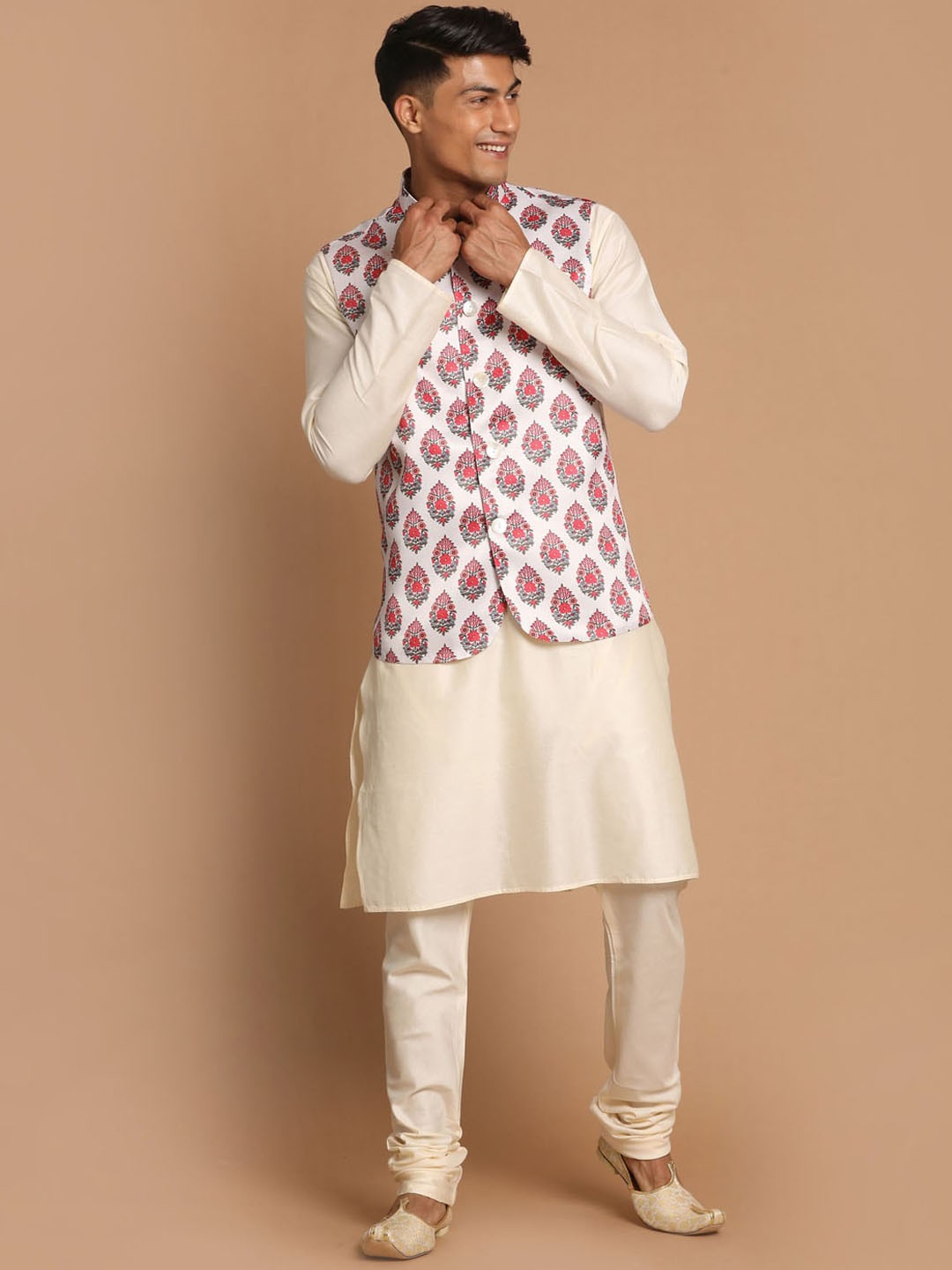 

VASTRAMAY Men Solid Straight Kurta with Churidar & With Printed Nehru Jacket, Cream