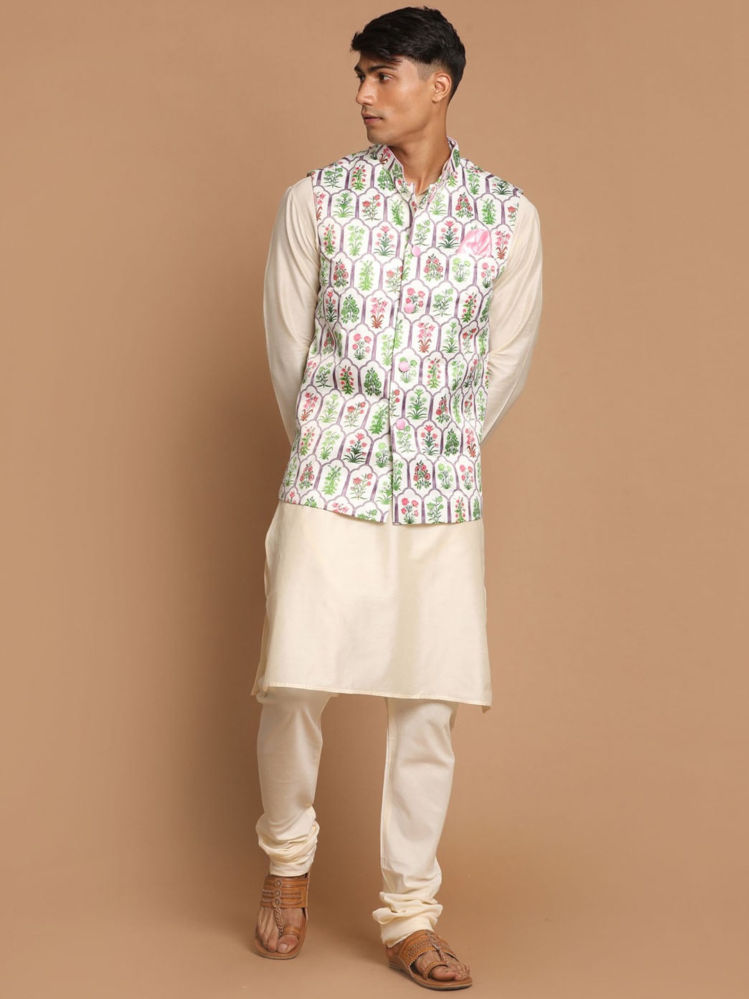 

Vastramay Men Cream-Coloured Kurta with Churidar & Nehru Jacket