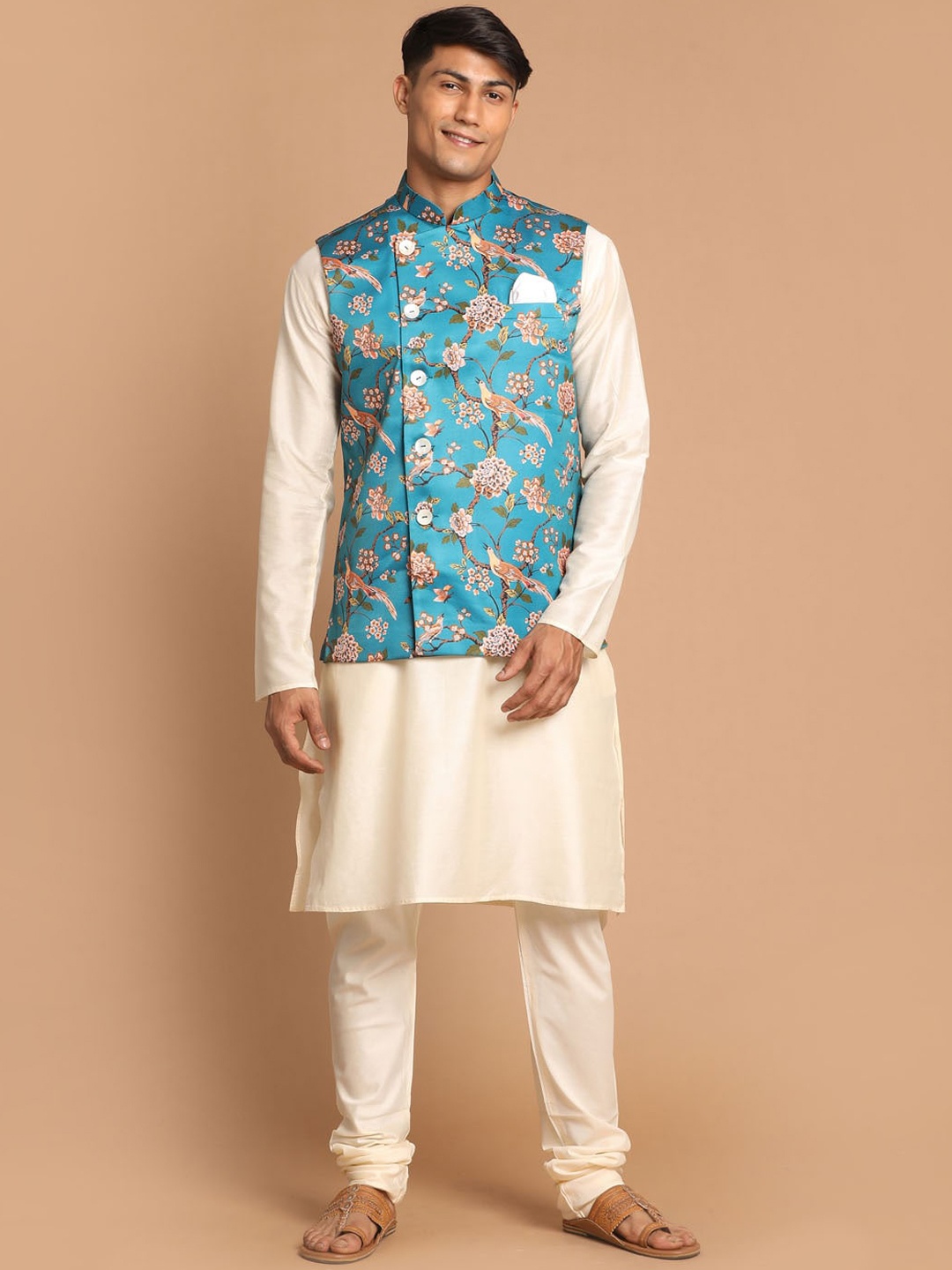 

VASTRAMAY Men Floral Kurta with Churidar with Nehru Jacket Set, Cream