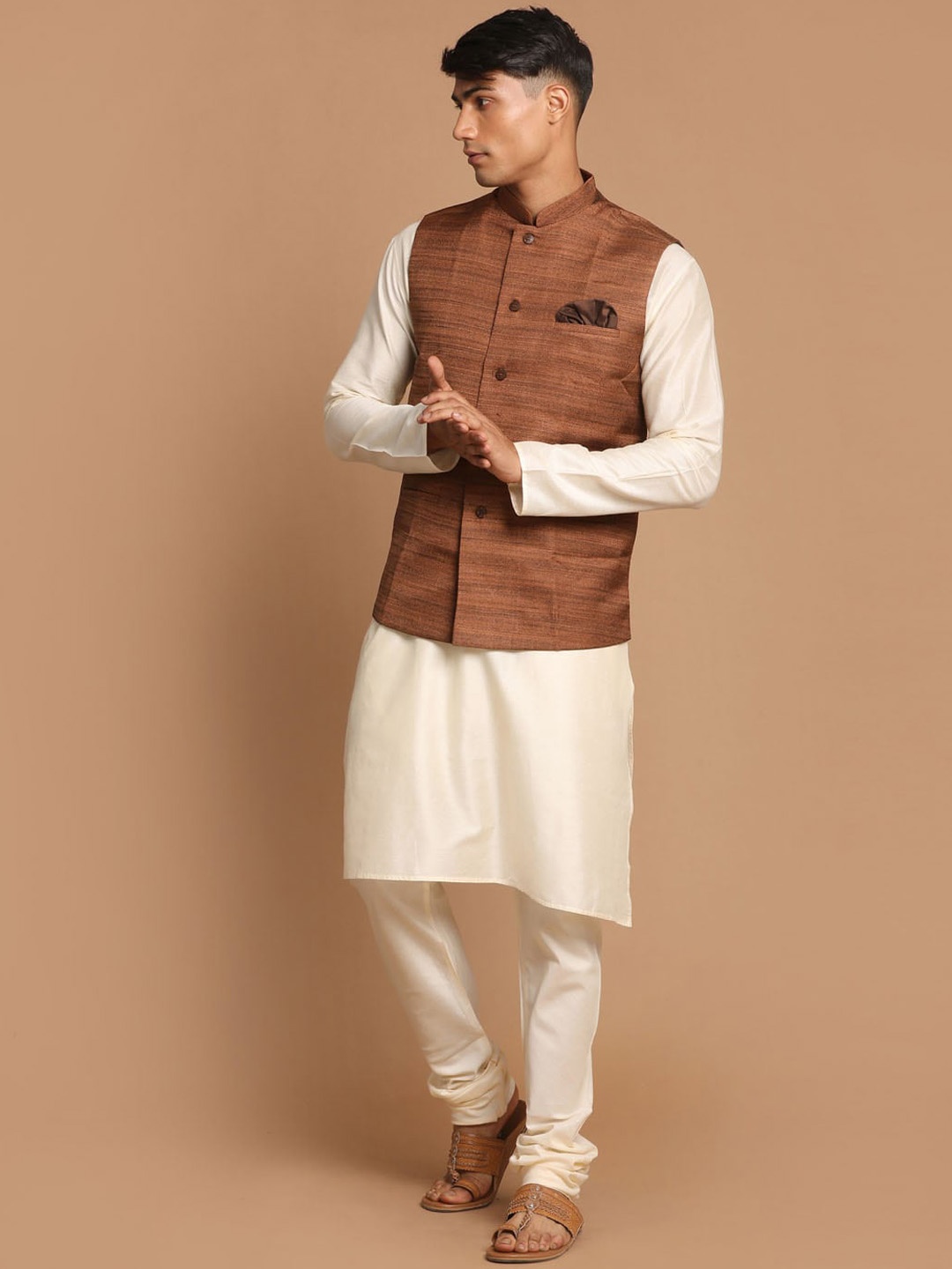 

VASTRAMAY Men Solid Kurta with Churidar & With Nehru Jacket, Cream