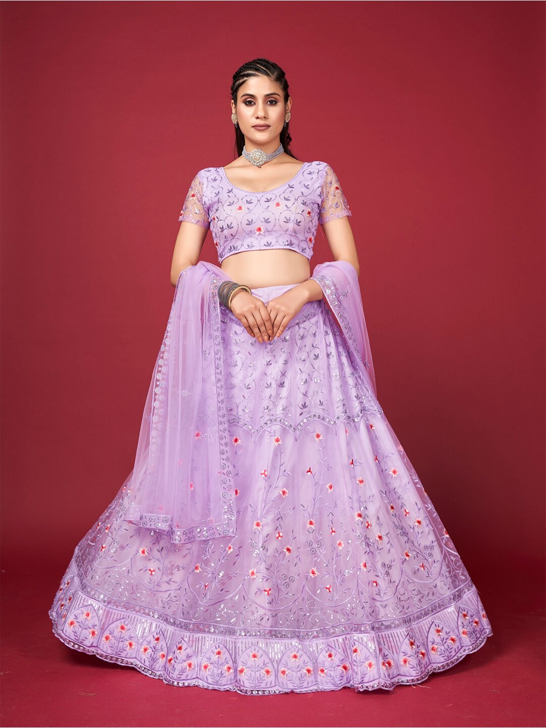 

SHOPGARB Pink & Lavender Embroidered Sequinned Semi-Stitched Lehenga & Unstitched Blouse With Dupatta