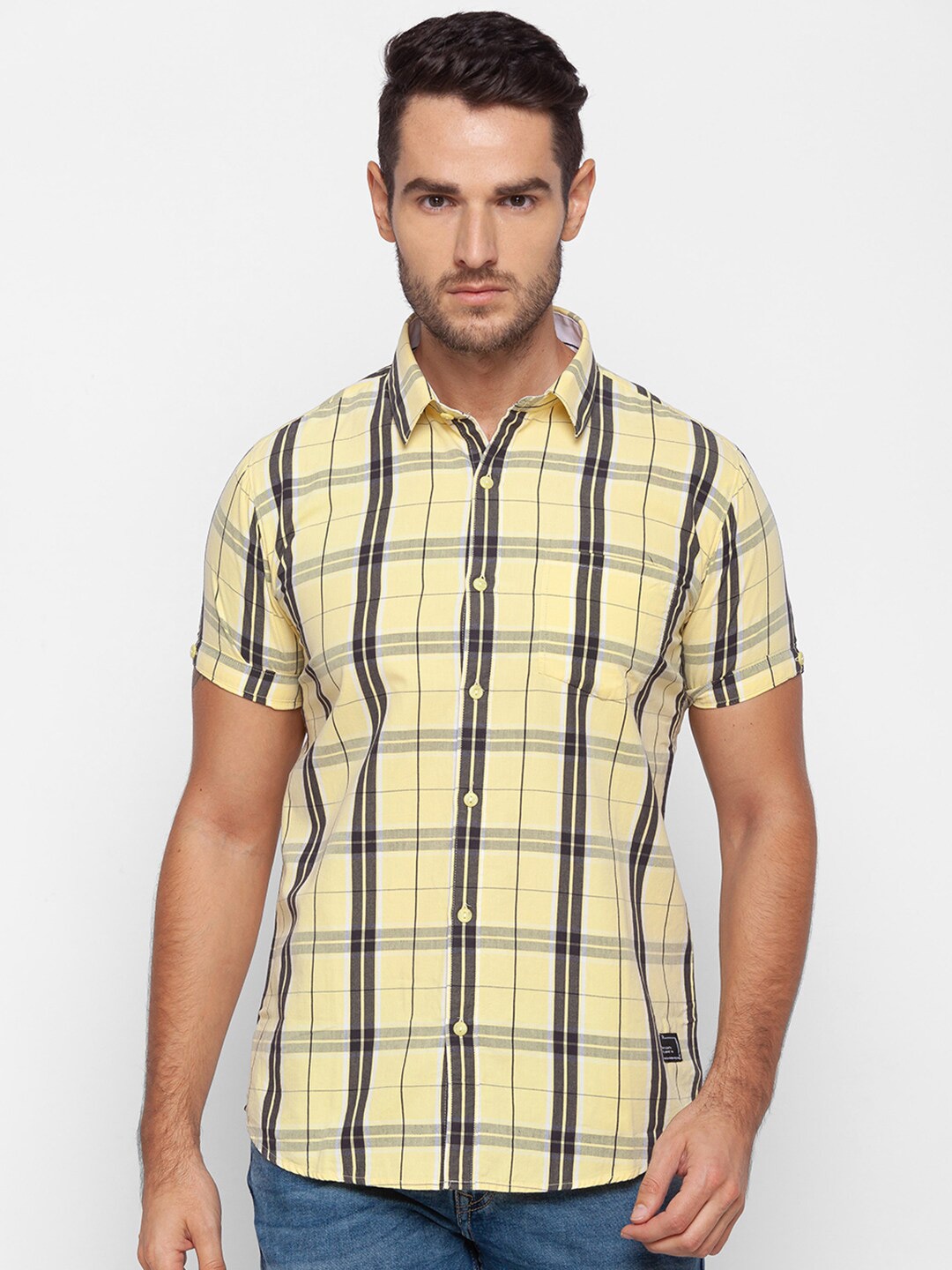 

SPYKAR Men Yellow Slim Fit Tartan Checked Casual Cotton Shirt