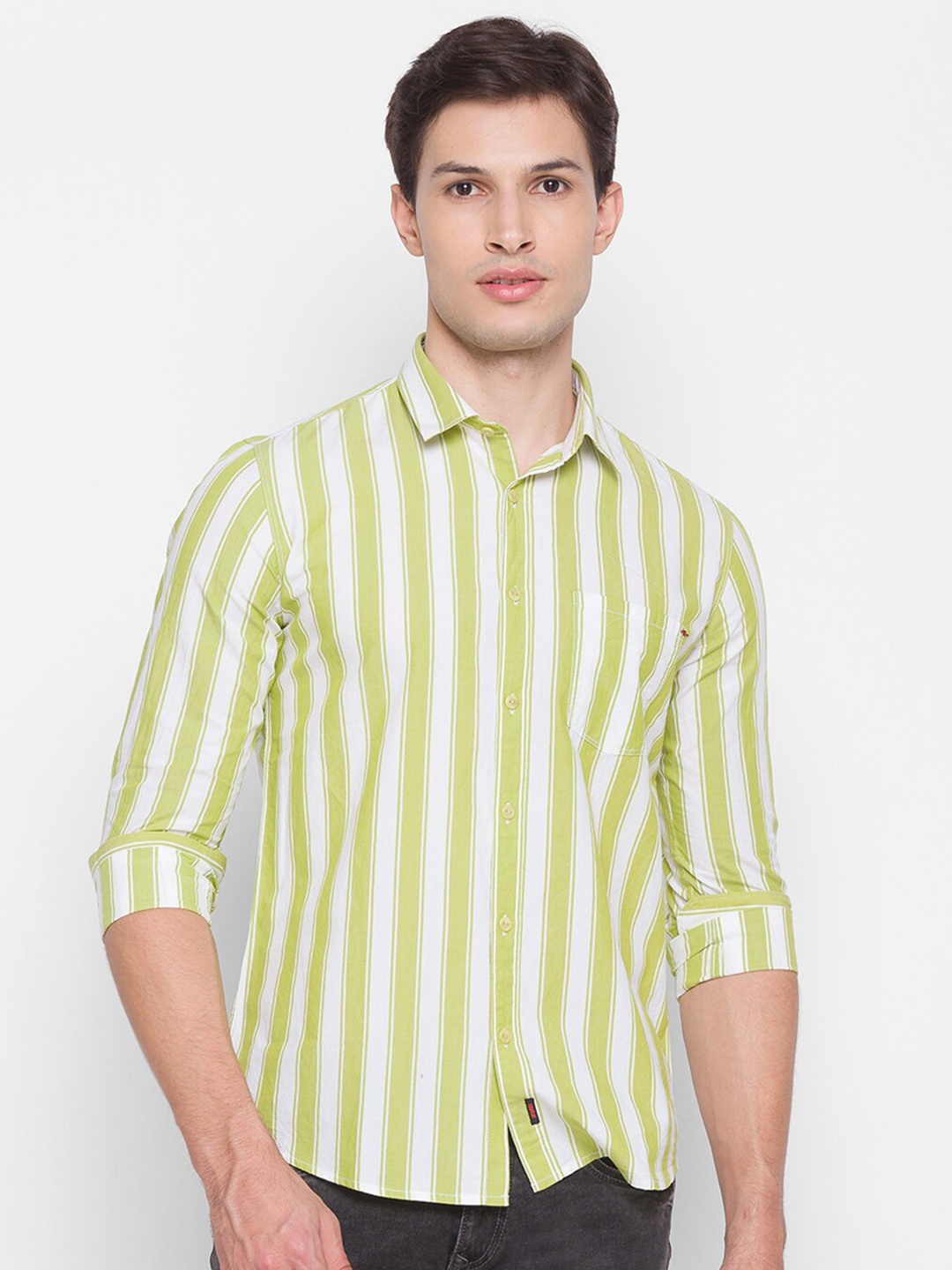 

SPYKAR Men Yellow Slim Fit Striped Casual Shirt