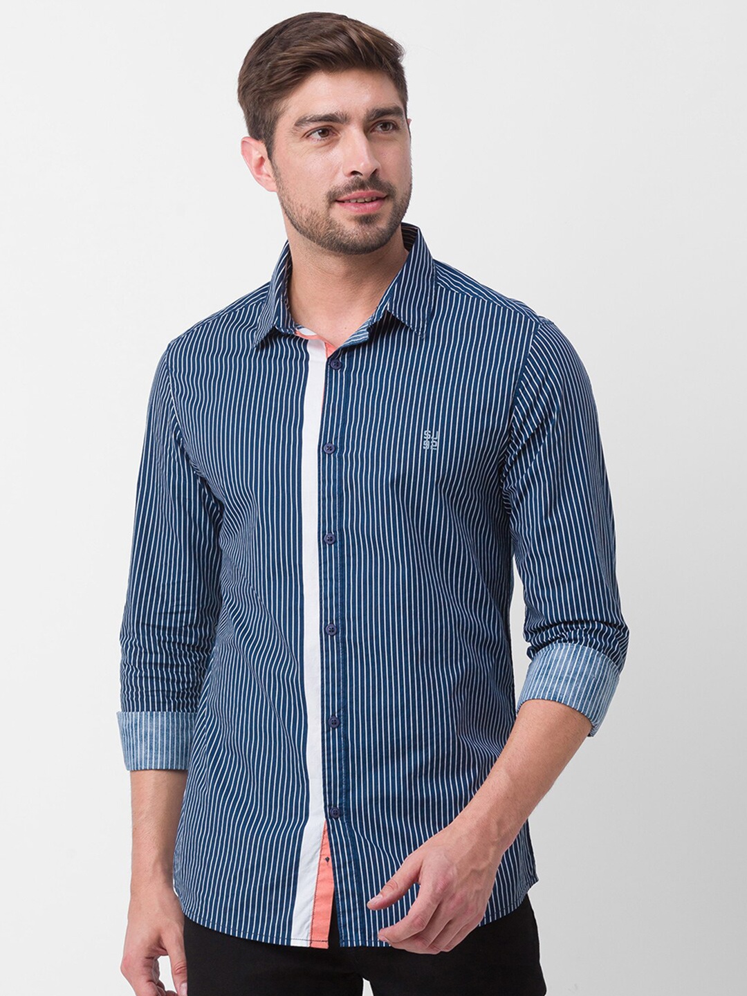 

SPYKAR Men Navy Blue Slim Fit Striped Casual Shirt