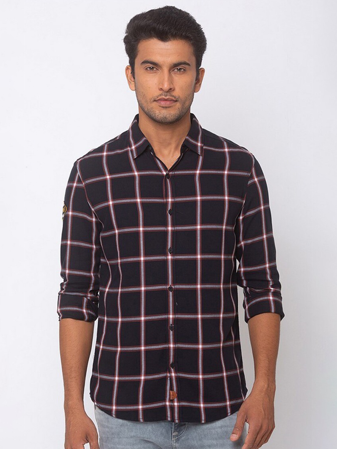 

SPYKAR Men Black Slim Fit Windowpane Checks Casual Shirt