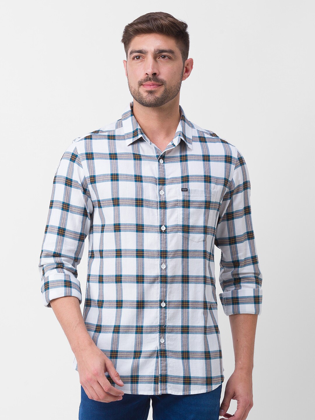 

SPYKAR Men Teal Blue & White Checked Cotton Casual Shirt