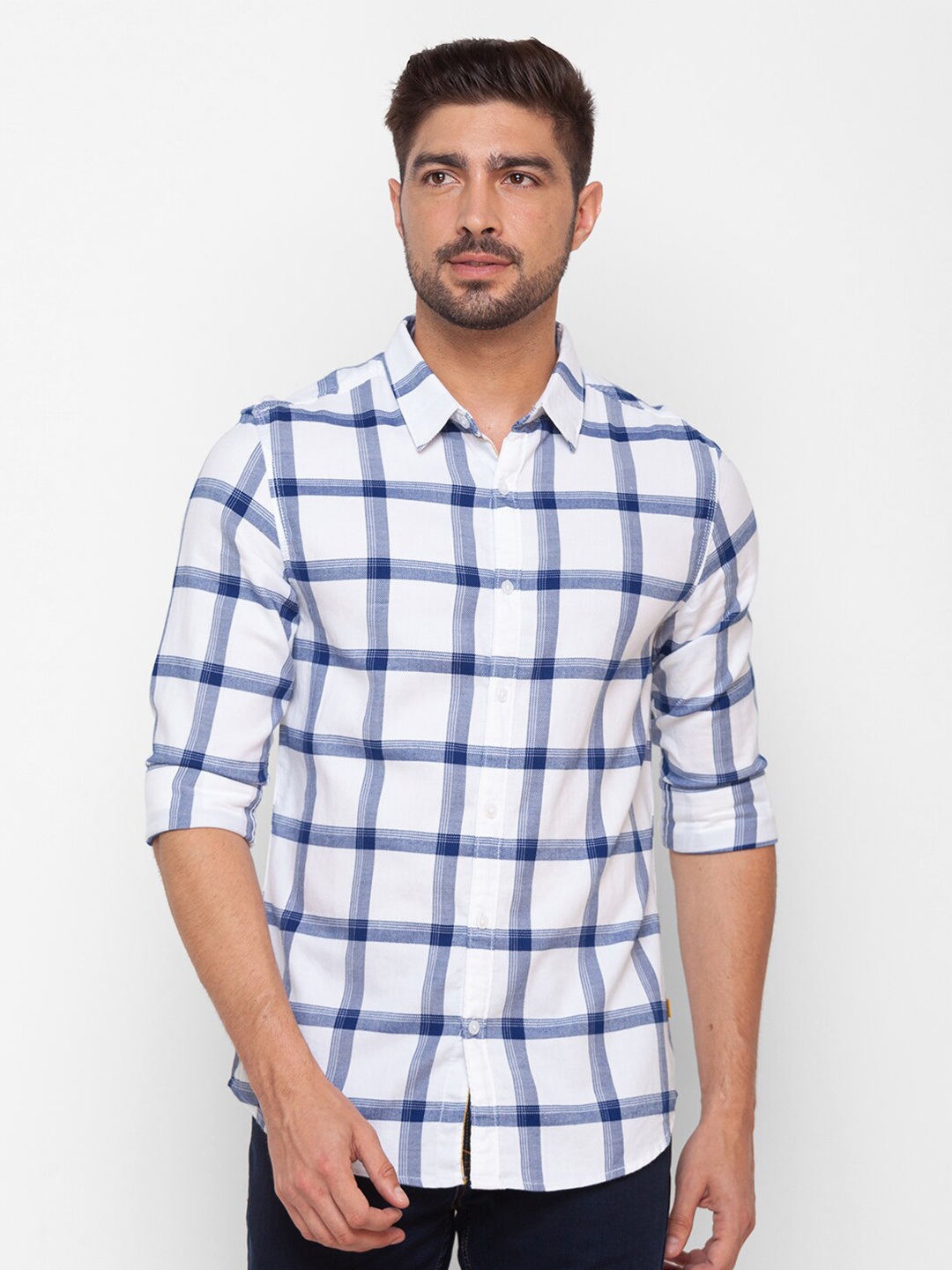 

SPYKAR Men White & Blue Slim Fit Windowpane Checked Cotton Casual Shirt