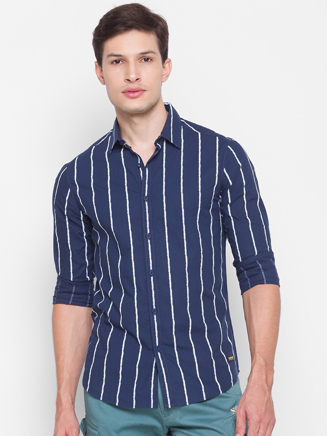 

SPYKAR Men Navy Blue Striped Cotton Casual Shirt