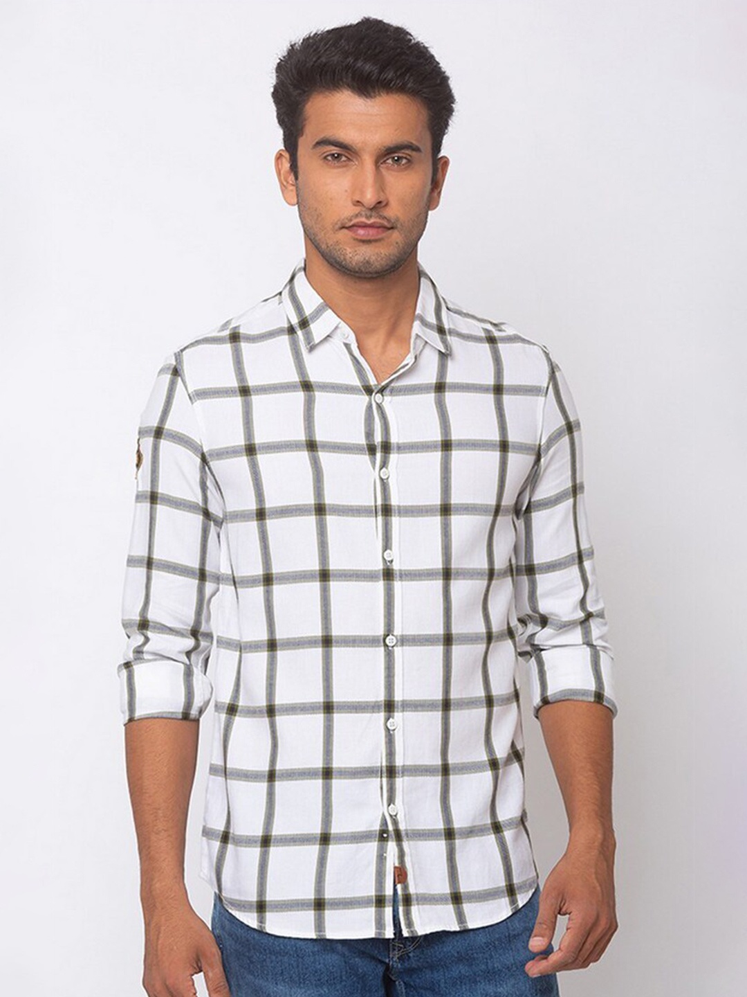 

SPYKAR Men White & Brown Windowpane Checked Cotton Casual Shirt