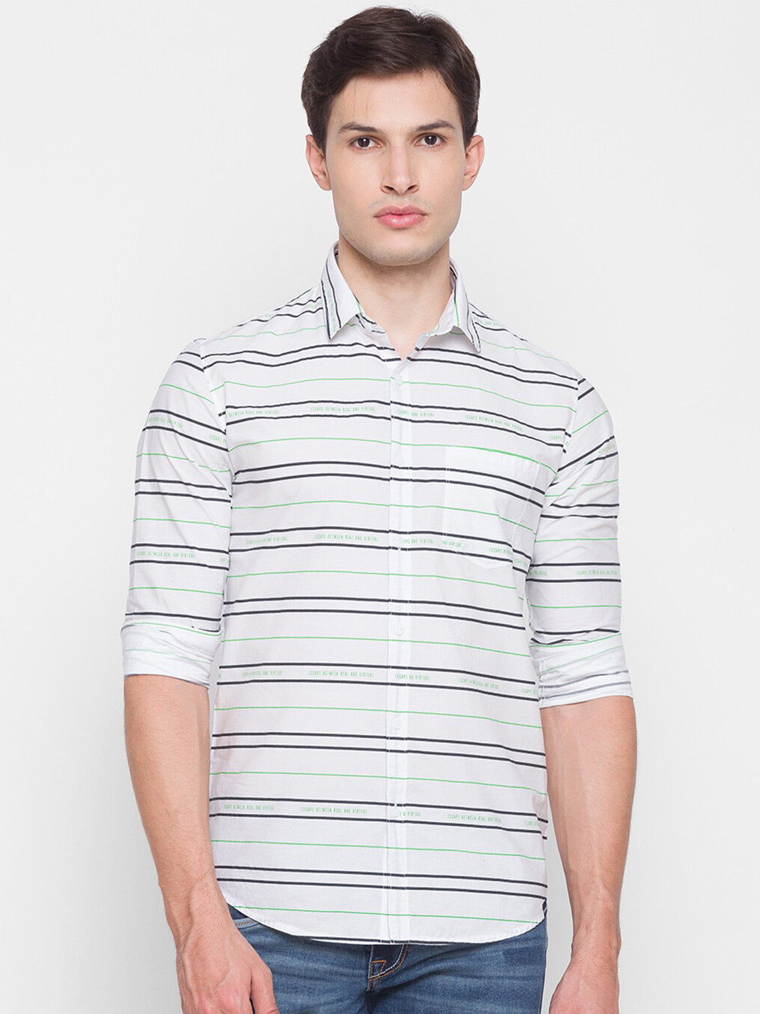 

SPYKAR Men White & Blue Horizontal Striped Cotton Casual Shirt